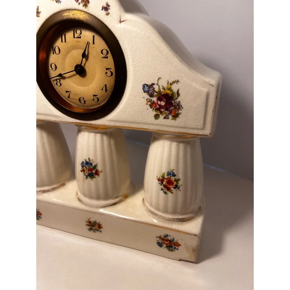 Vintage C.H. Germany Ceramic Mantel Clock Floral Column Crackle Glaze Mechanical